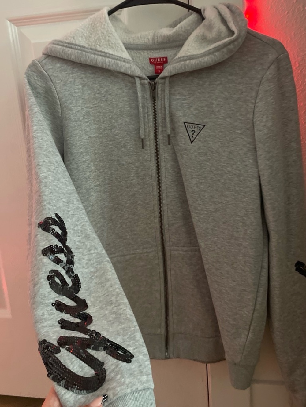 GUESS Gray Zip-Up Hoodie with Sequin Script